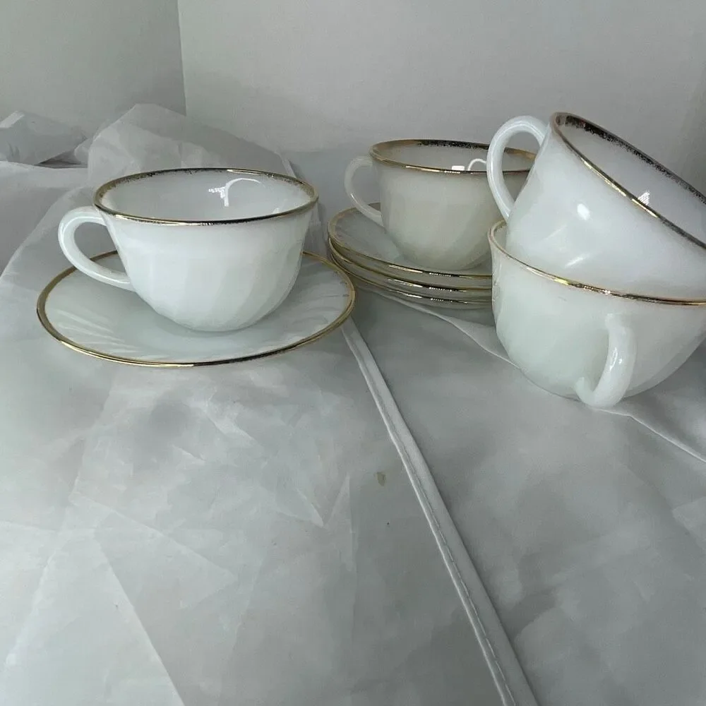 Lot of 4 1950’s Fire king cups and saucers milk glass gold trim